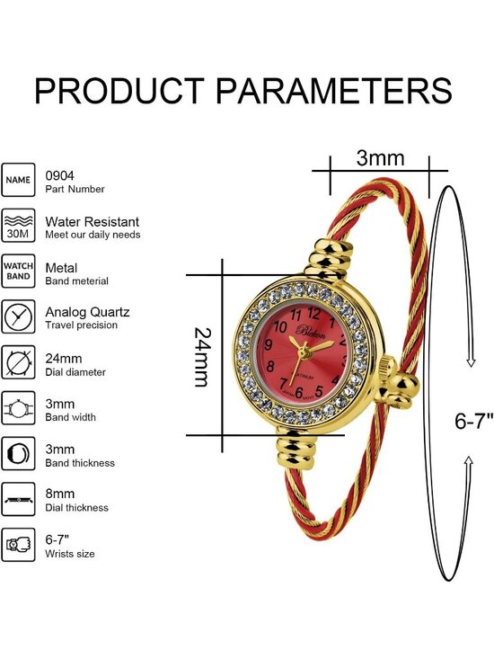 Women\'s Gold And Red Analog Cable Cuff Arabic Numbers Rhinestone Bracelet Watch main image 6